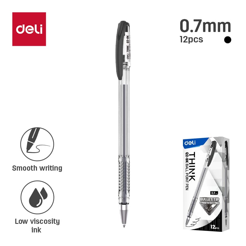 Deli Ballpoint Pen for Students, Office Use,Shop & Exams Low Odor, 0.7 mm Tip Black Ball Pen, EQ2 (12pc/Box )